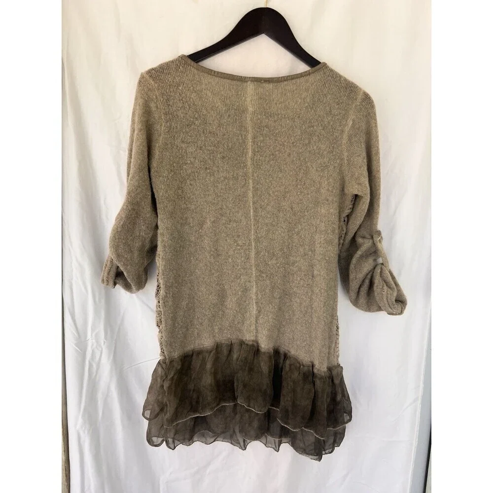Women’s Knit Tunic Silk Top Beige Lace Floral Sheer Ruffle Hem Mori Coquette
